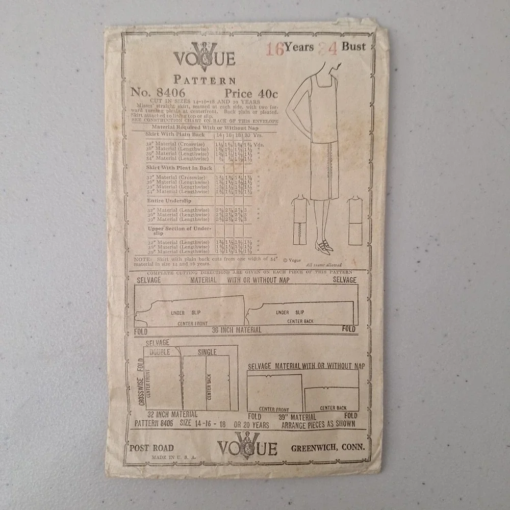 RARE Antique 1920's VOGUE Pattern Cover #8406 Skirt Slip Shirt 16 Years 34 Bust